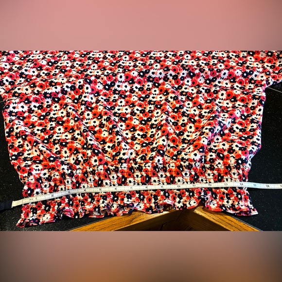 Michael Kors Blouse Tab 1/2sleeves Smocked Waist Geranium Red White Navy SZ. Med - Picture 10 of 13